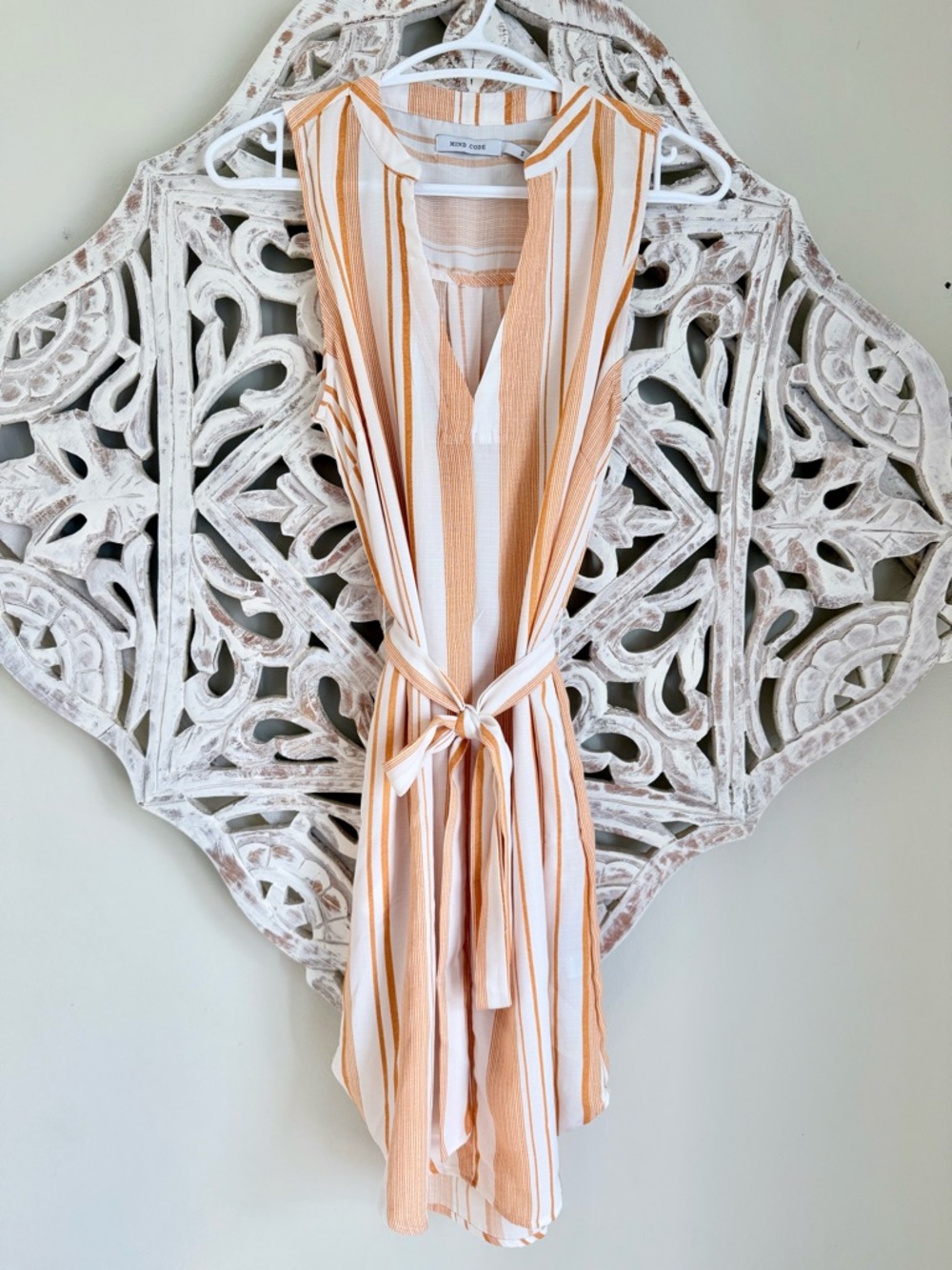 Mind Code Peach and White Striped Midi Dress